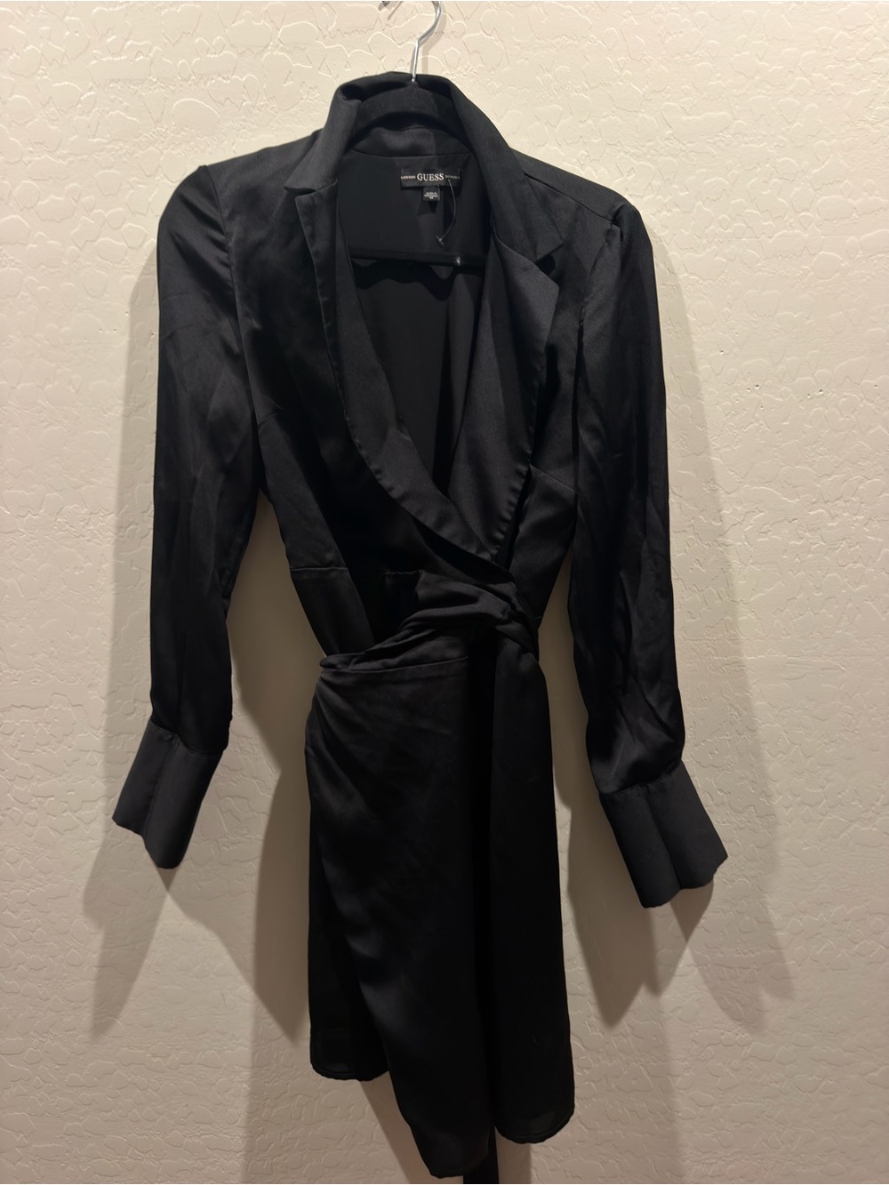 GUESS Black Satin-Look Long Sleeve Wrap Dress